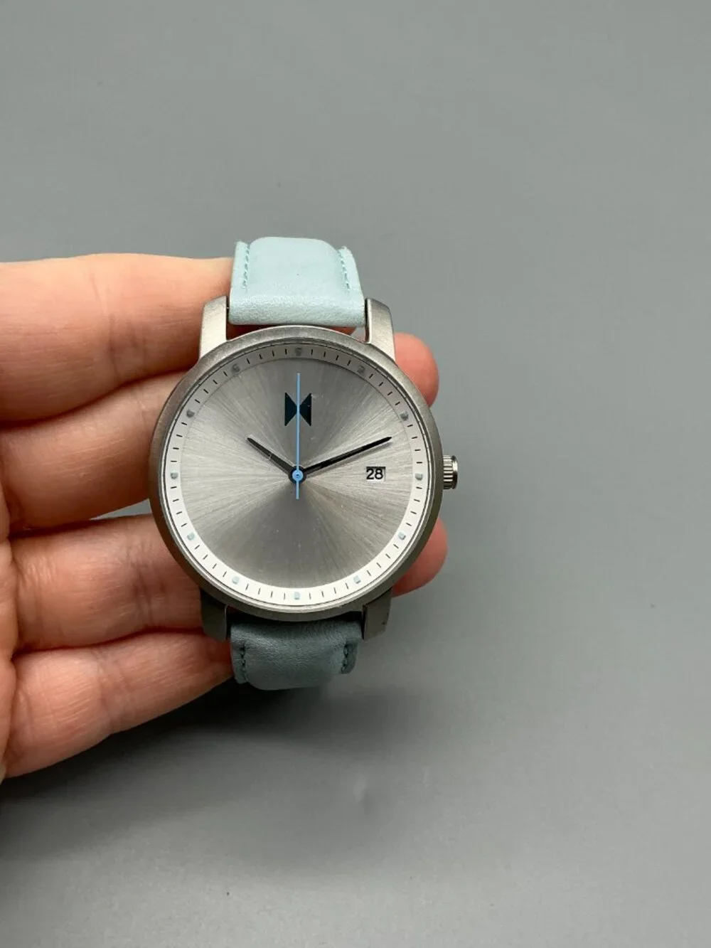 MVMT Skyline Womens Watch 38mm Silver Tone Blue Leather Band New Battery